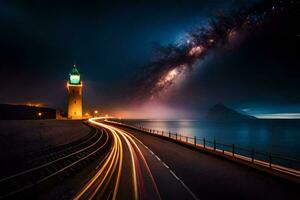 a long exposure photo of a clock tower and the milky way. AI-Generated