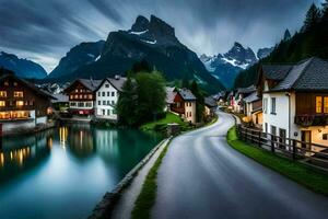 photo wallpaper the sky, mountains, water, houses, the village, the lake, the mountains. AI-Generated