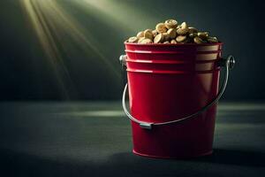 a red bucket filled with peanuts on a dark background. AI-Generated photo