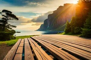 the sun shines on a wooden boardwalk in front of a lake. AI-Generated photo
