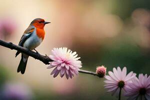 a red robin sits on a branch with pink flowers. AI-Generated photo