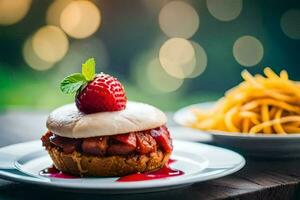 a strawberry and cream sandwich on a plate with fries. AI-Generated photo