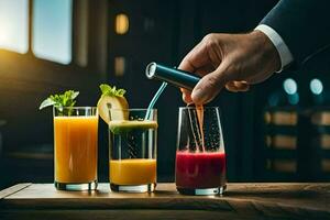 un persona es torrencial jugo dentro un vaso. generado por ai foto