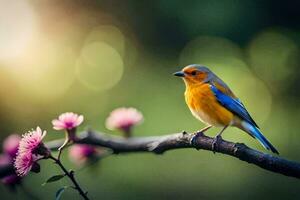 un azul y naranja pájaro es encaramado en un rama. generado por ai foto