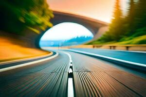 un borroso imagen de un la carretera con un túnel en el antecedentes. generado por ai foto