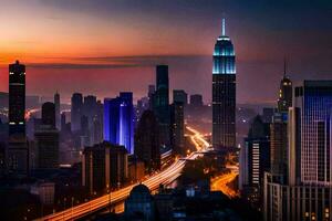 el ciudad horizonte a puesta de sol con tráfico luces. generado por ai foto