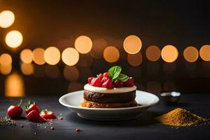 un postre en un plato con un vela en el antecedentes. generado por ai foto