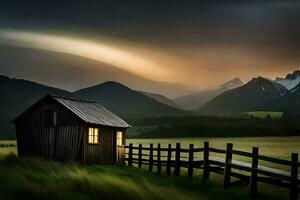 a small wooden house sits in the middle of a field. AI-Generated photo