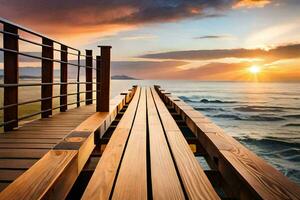 a wooden pier with a sunset over the ocean. AI-Generated photo