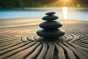 a stack of rocks sitting on a wooden surface. AI-Generated photo