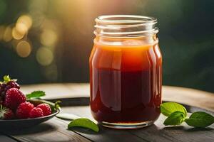 a jar of raspberry juice on a wooden table. AI-Generated photo