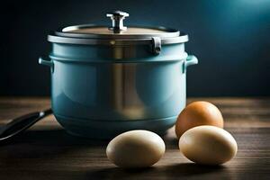 a blue pot with two eggs and a spoon. AI-Generated photo