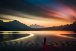 a man standing in the middle of a lake at sunset. AI-Generated photo