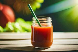 un vaso de tomate jugo en un de madera mesa. generado por ai foto