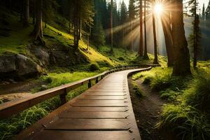 wooden path in the forest with sun shining through. AI-Generated photo