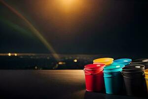 colorful buckets on a table with a rainbow in the background. AI-Generated photo