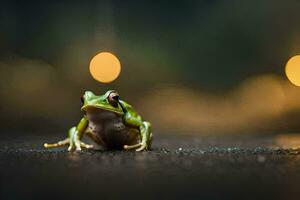 a frog sitting on the ground in front of a blurry background. AI-Generated photo