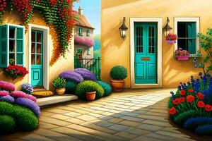 a painting of a colorful street with flowers and a door. AI-Generated photo