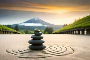 a zen garden with rocks and a mountain in the background. AI-Generated photo