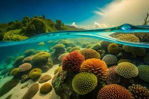 un coral arrecife y agua superficie con un Dom y nubes generado por ai foto