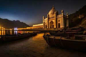 boats docked at the edge of a lake at night. AI-Generated photo