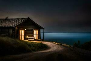 a cabin on the side of a hill with the ocean in the background. AI-Generated photo