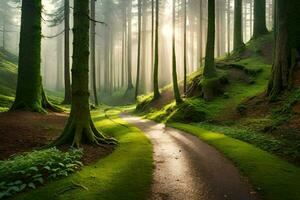 a path through a forest with trees and grass. AI-Generated photo
