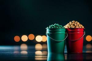 two buckets of peanuts on a table. AI-Generated photo