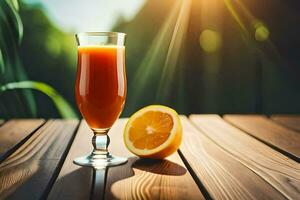 a glass of orange juice on a wooden table. AI-Generated photo