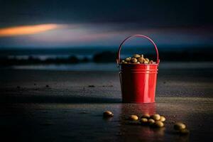 a red bucket filled with nuts on the beach. AI-Generated photo