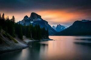 the sun sets over a mountain range and lake. AI-Generated photo