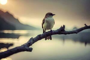 a bird sits on a branch near the water. AI-Generated photo