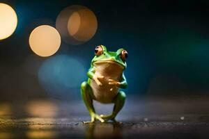 a frog is standing on its hind legs with its eyes open. AI-Generated photo