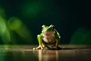 a frog sitting on a wooden table with a green background. AI-Generated photo