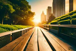 a wooden walkway leads to a city skyline. AI-Generated photo