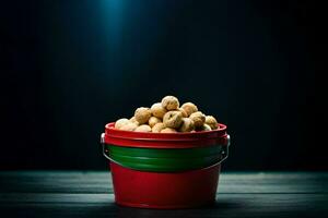 a bucket of peanuts on a dark table. AI-Generated photo