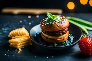 a hamburger with cheese, tomatoes and strawberries. AI-Generated photo