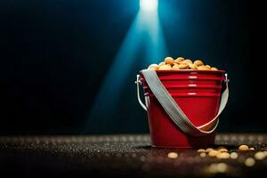 a bucket of peanuts on a stage. AI-Generated photo