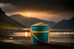 a bucket of food sitting on the ground near a lake. AI-Generated photo