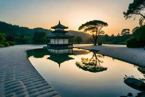 a japanese garden at sunset. AI-Generated photo