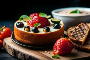 the cheesecake is topped with strawberries and blueberries. AI-Generated photo