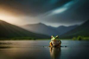 un rana sentado en el borde de un lago en frente de montañas. generado por ai foto