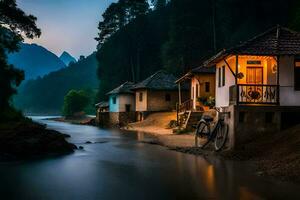 a house sits on the side of a river at dusk. AI-Generated photo