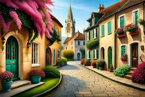 an artistic painting of a street with flowers and buildings. AI-Generated photo