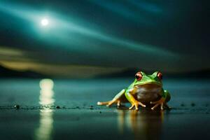 a frog sitting on the beach at night with a full moon in the background. AI-Generated photo
