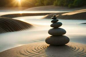 a stack of rocks in the sand at sunset. AI-Generated photo