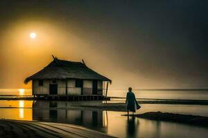 a man stands in front of a hut on the beach. AI-Generated photo
