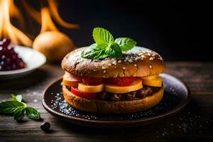 a hamburger with cheese, tomatoes and mint on a plate. AI-Generated photo
