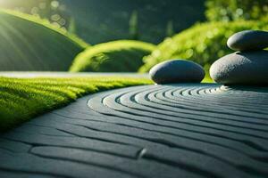 two stones are sitting on a grassy path. AI-Generated photo