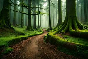 a path through a green forest with mossy trees. AI-Generated photo